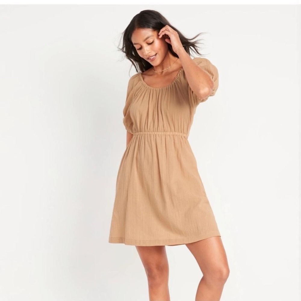 Tan Puff Sleeve Tie Back Dress